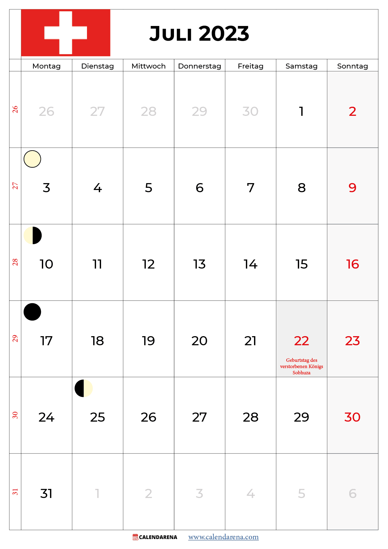 kalender juli 2023 zum ausdrucken Schweiz