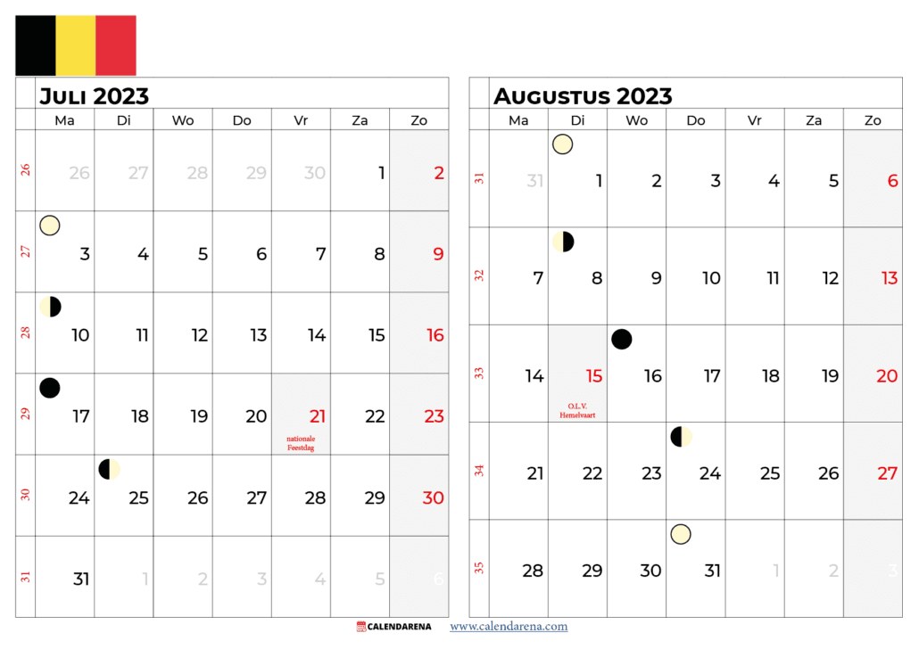 kalender juli Augustus 2023 belgië
