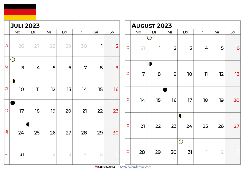 kalender juli august 2023 Deutschland