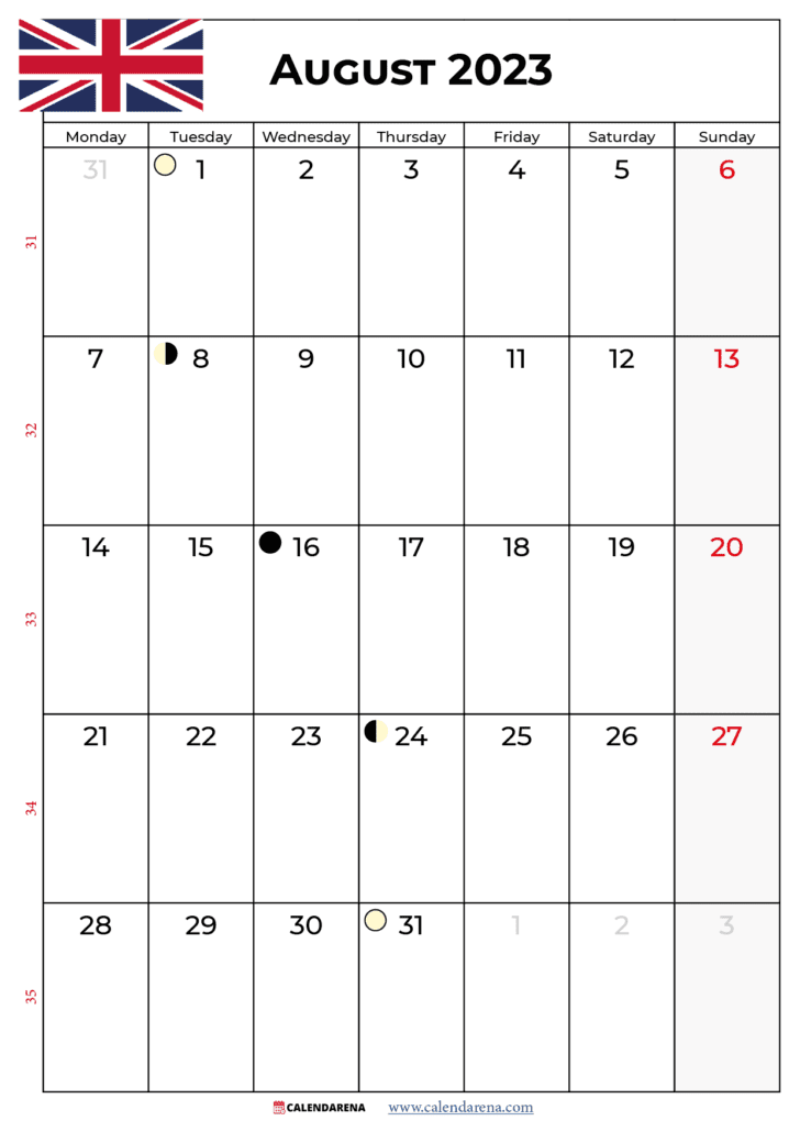 printable august 2023 calendar UK