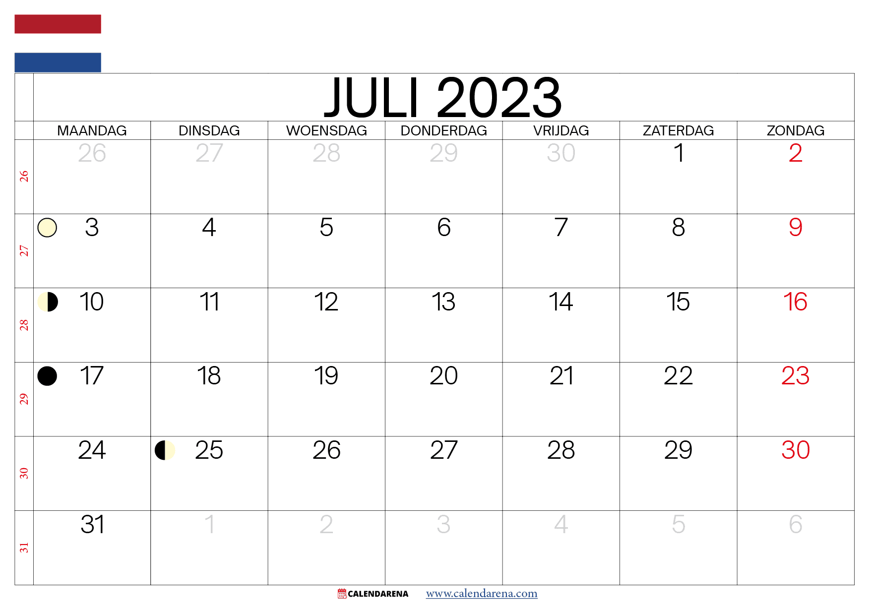 Kalender Juli 2023 Nederland Zum Ausdrucken