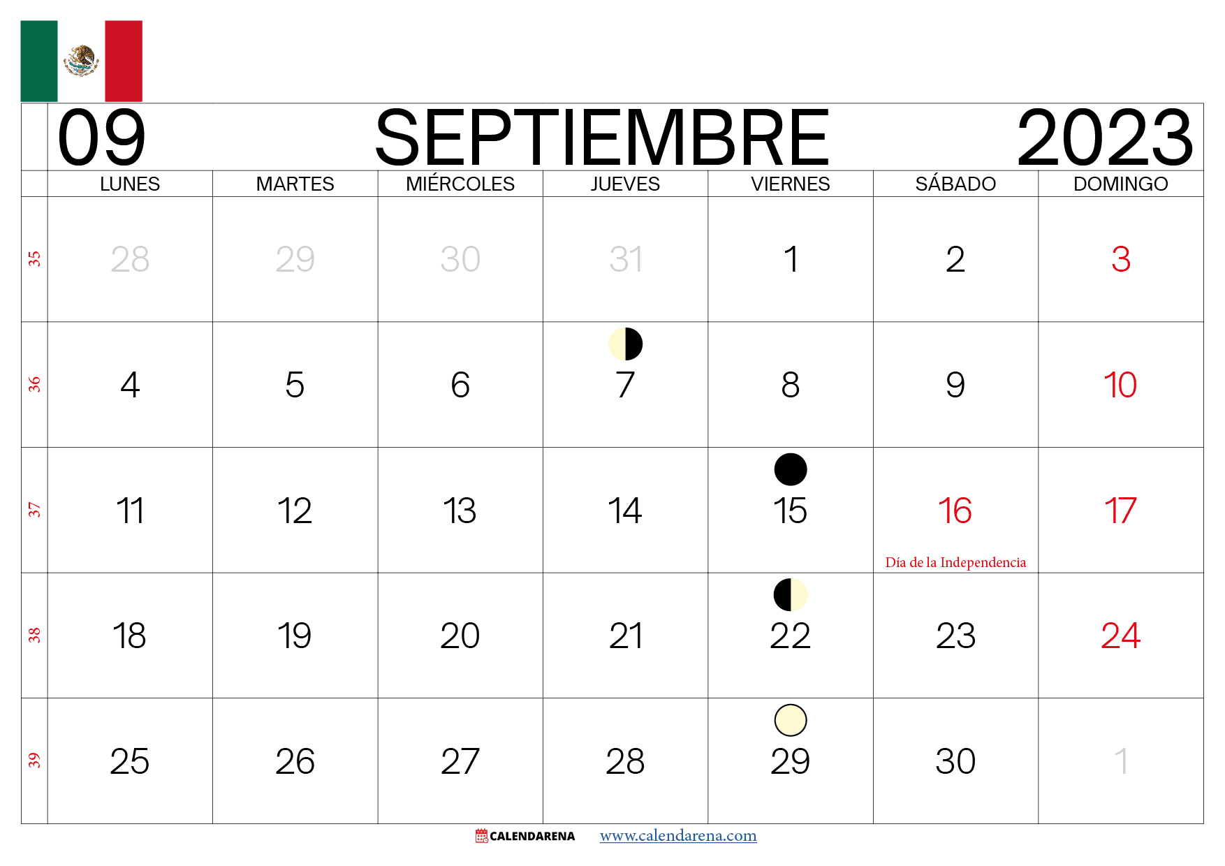 calendario mes de Septiembre 2023 México