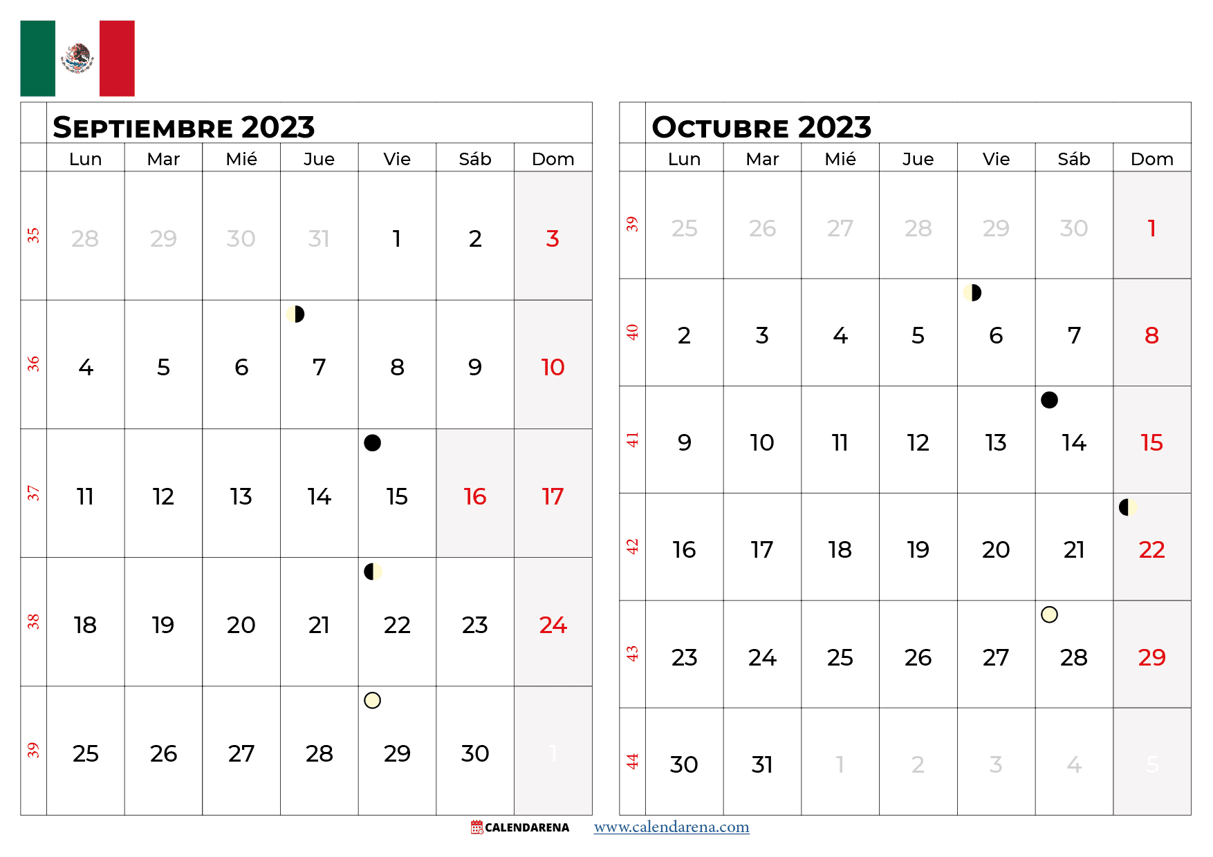 calendario septiembre Octubre 2023 México