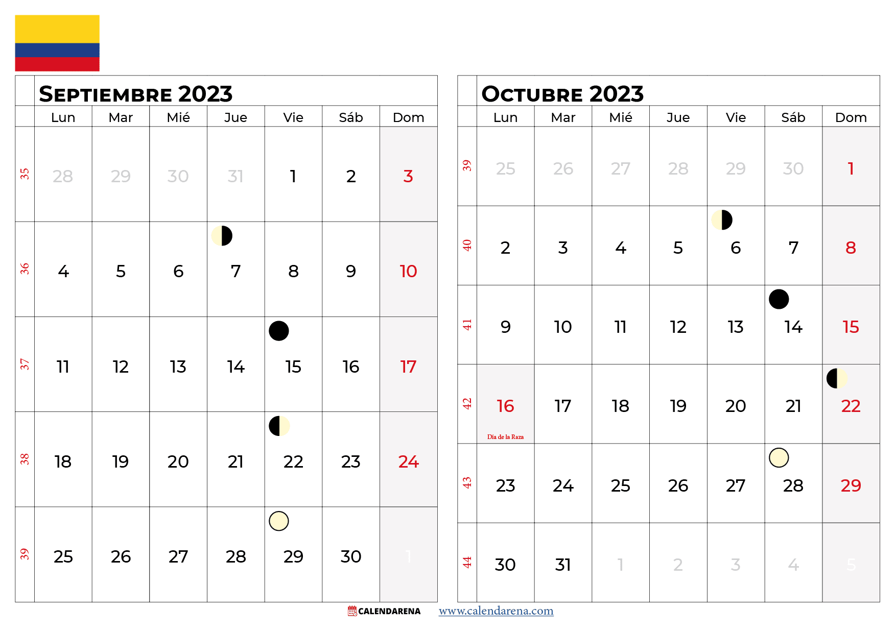 calendario septiembre Octubre 2023 colombia