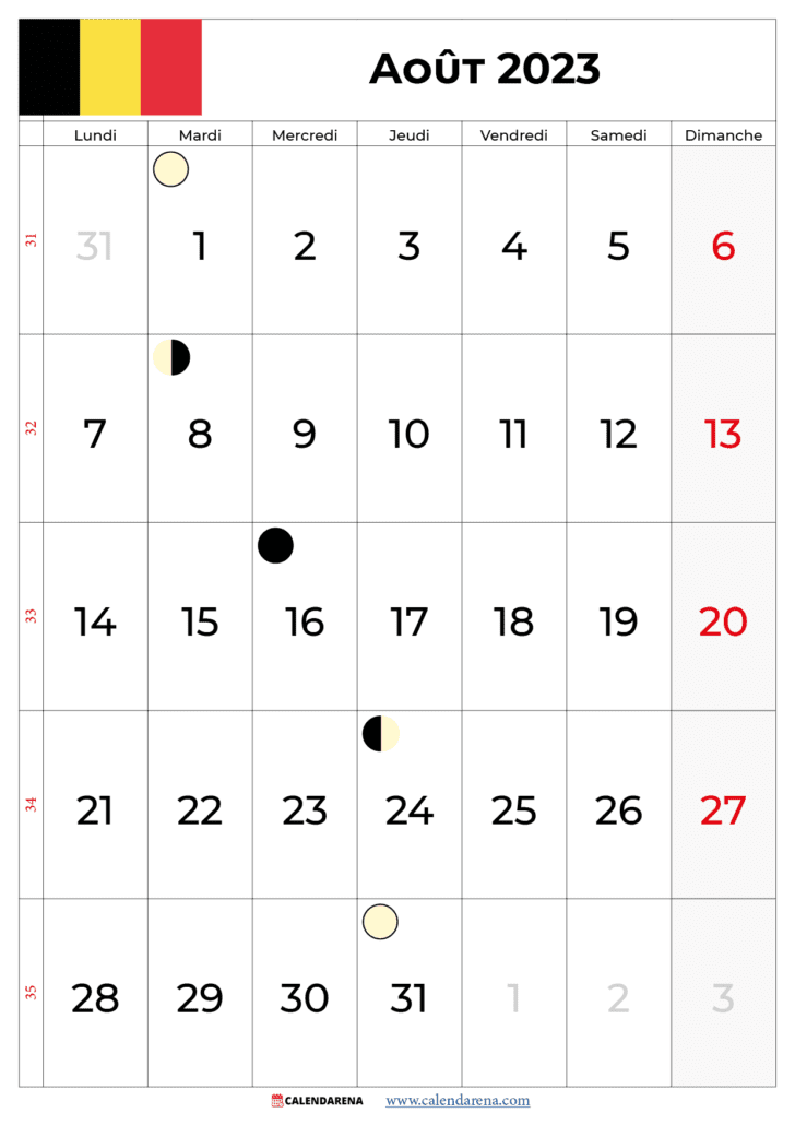 calendrier aout 2023 avec jours fériés belgique