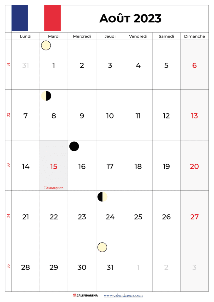 calendrier aout 2023 avec jours fériés france