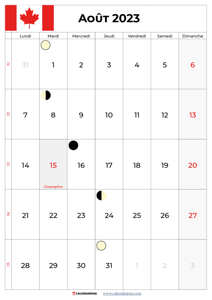 calendrier aout 2023 avec jours fériés québec