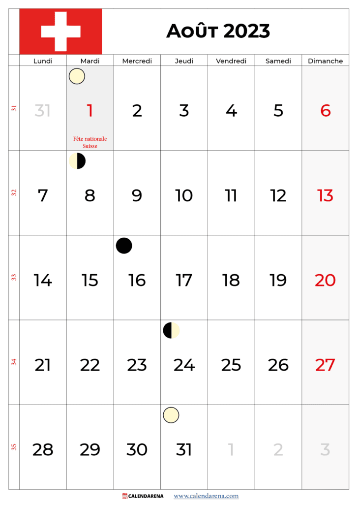 calendrier aout 2023 avec jours fériés suisse