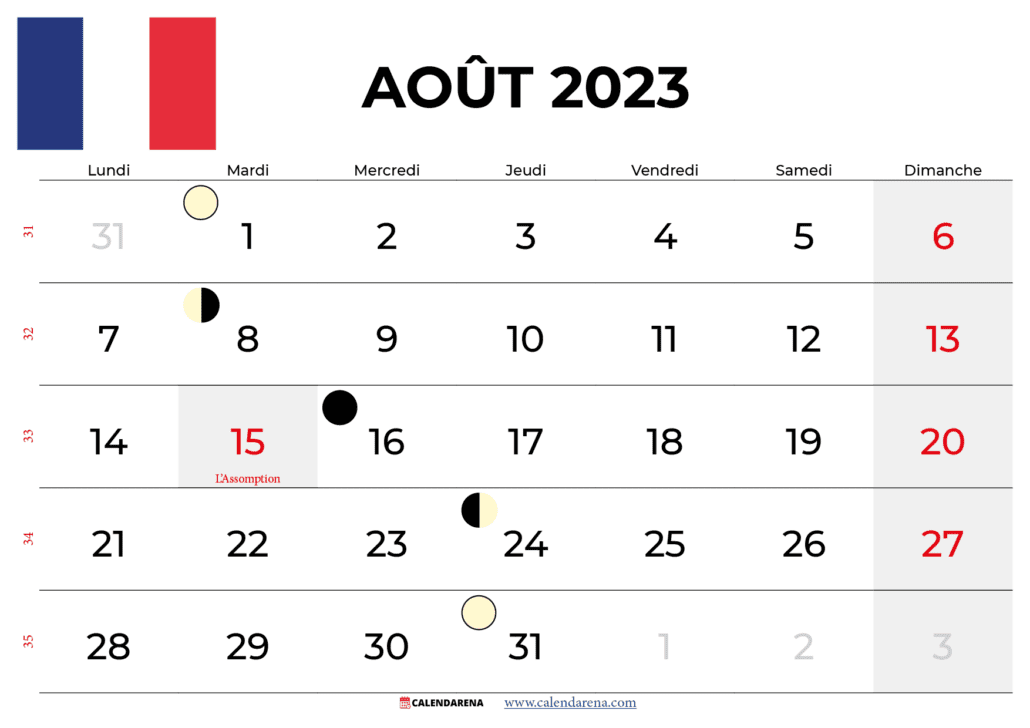 calendrier aout 2023 france