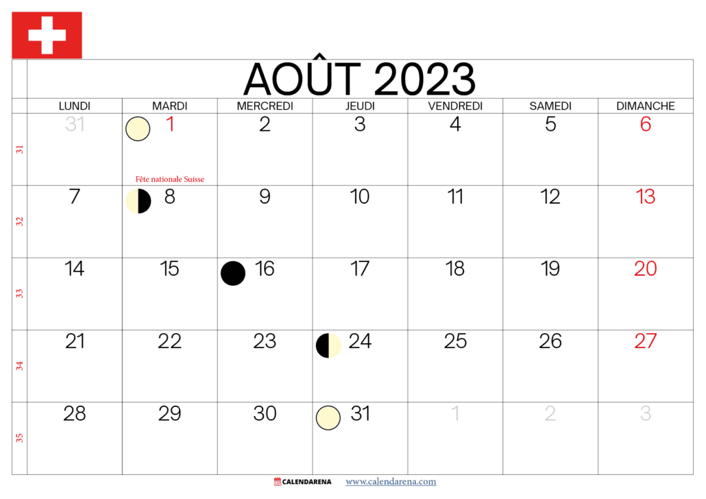 calendrier aout 2023 jours fériés suisse