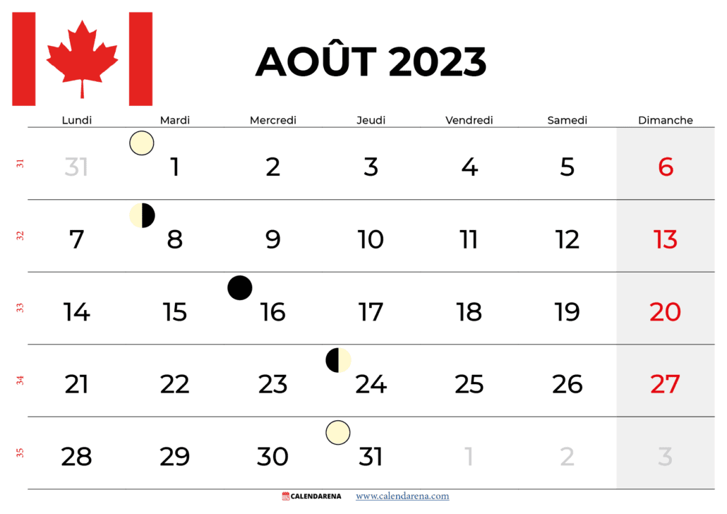 calendrier aout 2023 québec