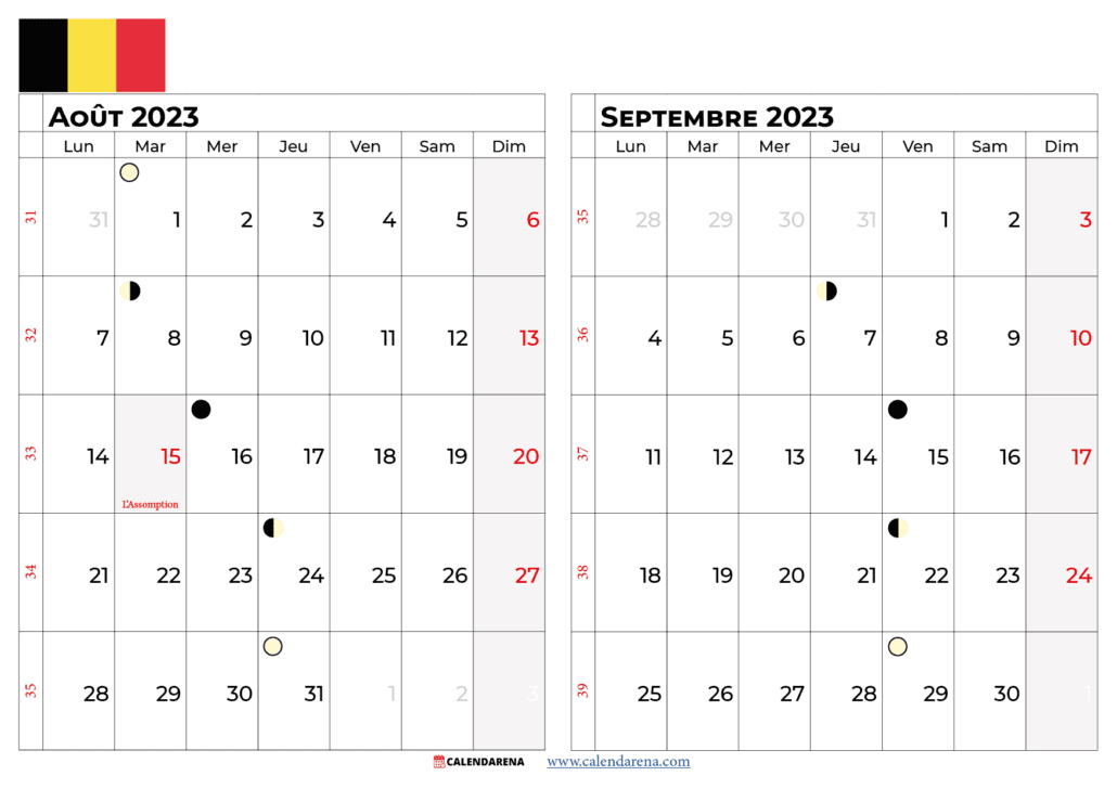 calendrier aout septembre 2023 belgique
