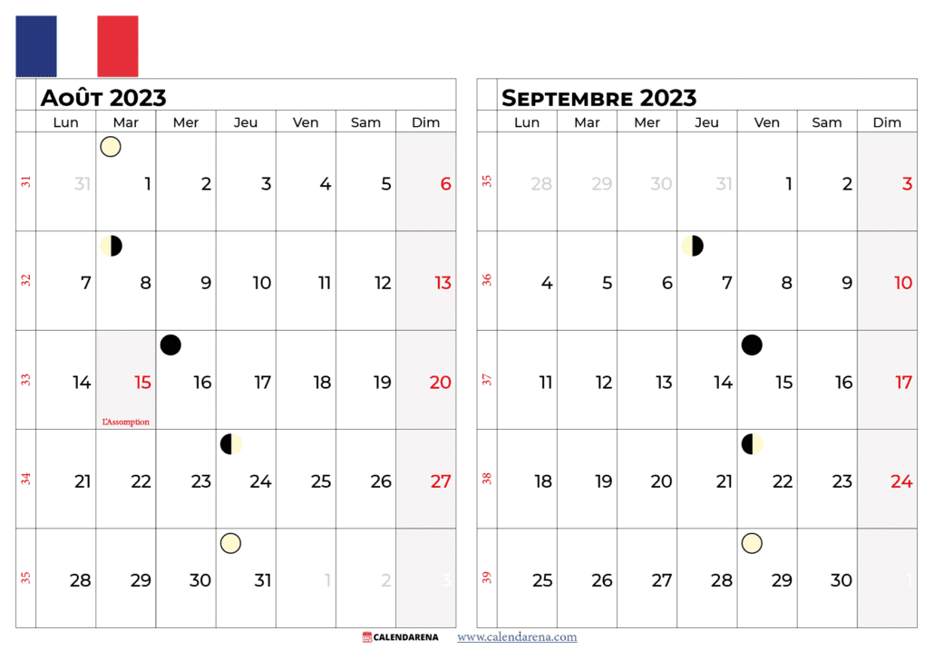 calendrier aout septembre 2023 france