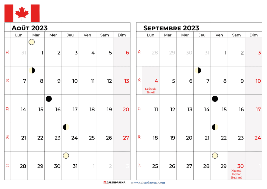 calendrier aout septembre 2023 québec