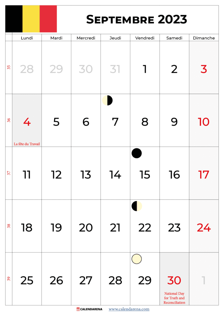 calendrier septembre 2023 avec jours fériés belgique