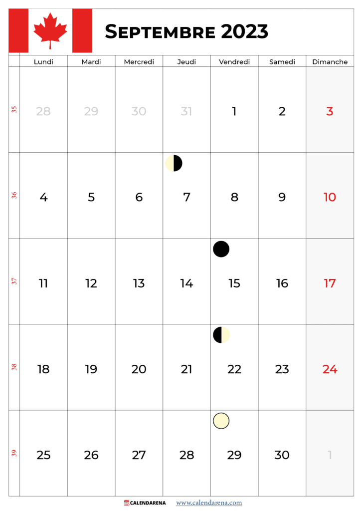 calendrier septembre 2023 avec jours fériés québec