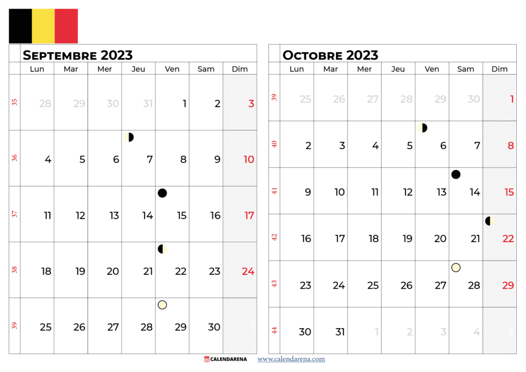 calendrier septembre octobre 2023 belgique