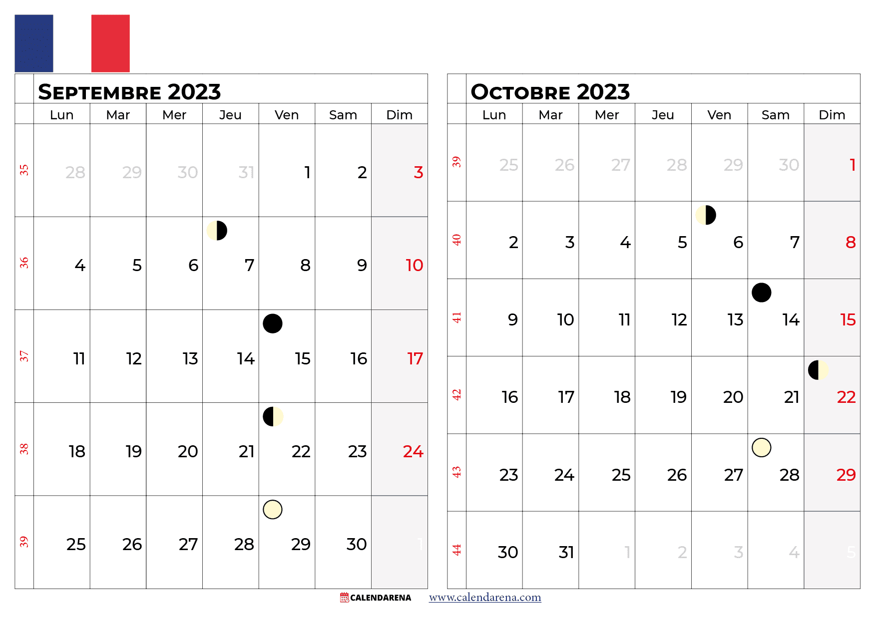calendrier septembre octobre 2023 france
