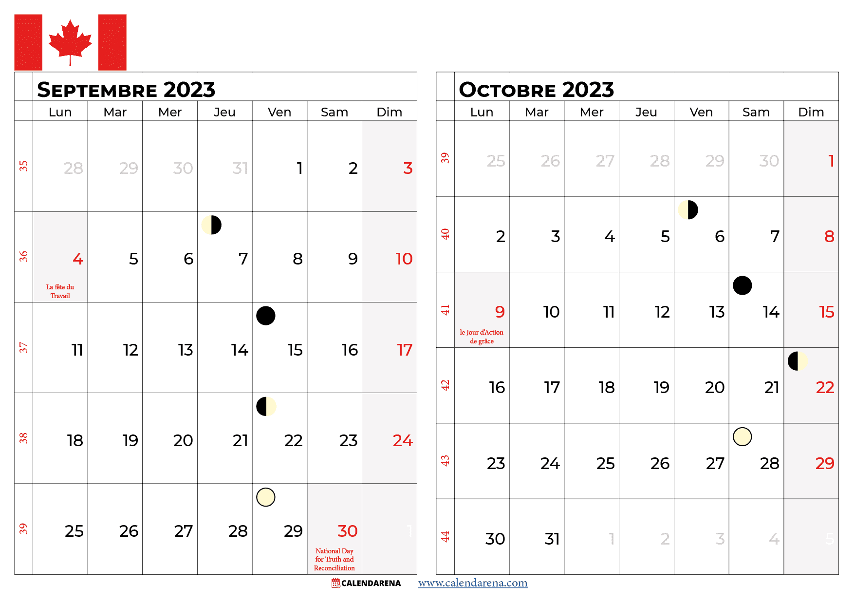 calendrier septembre octobre 2023 québec