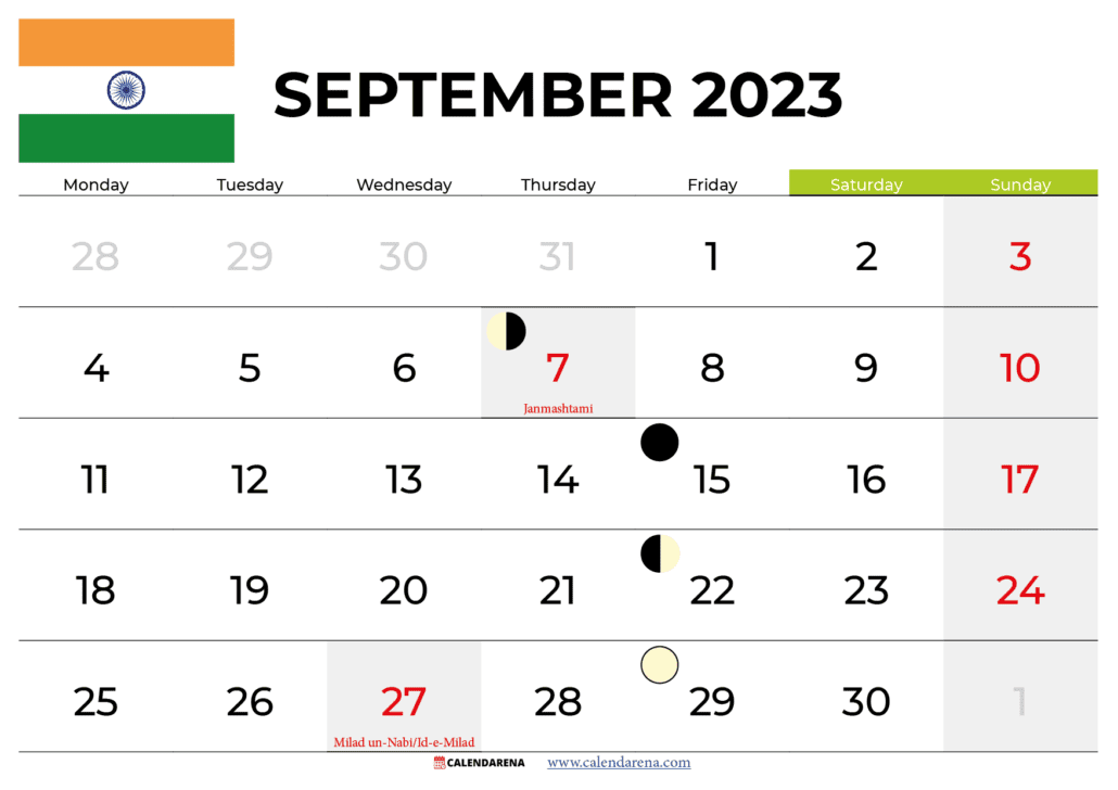 free printable calendar september 2023 india