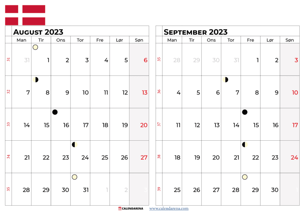 kalender august september 2023 Danmark