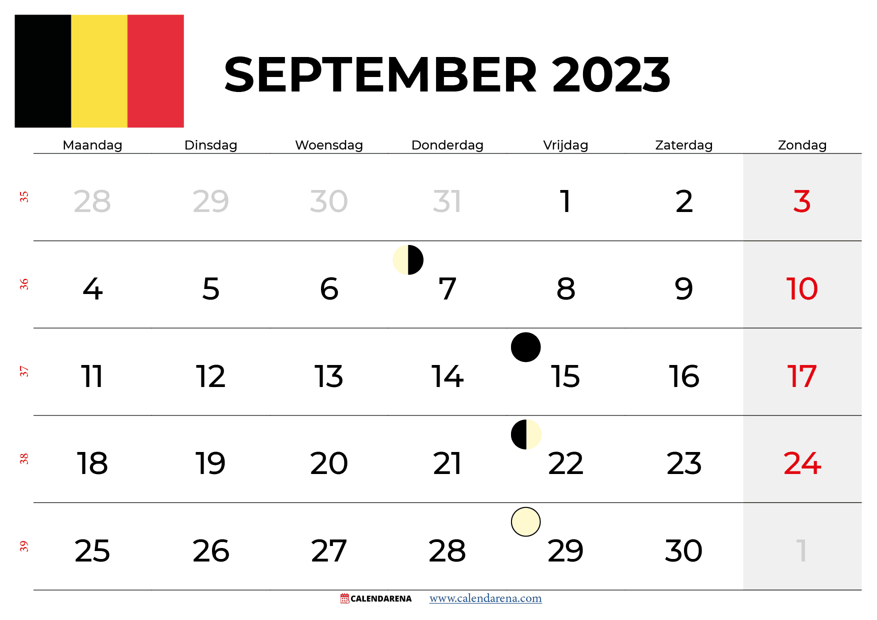Kalender september 2023 België zum ausdrucken