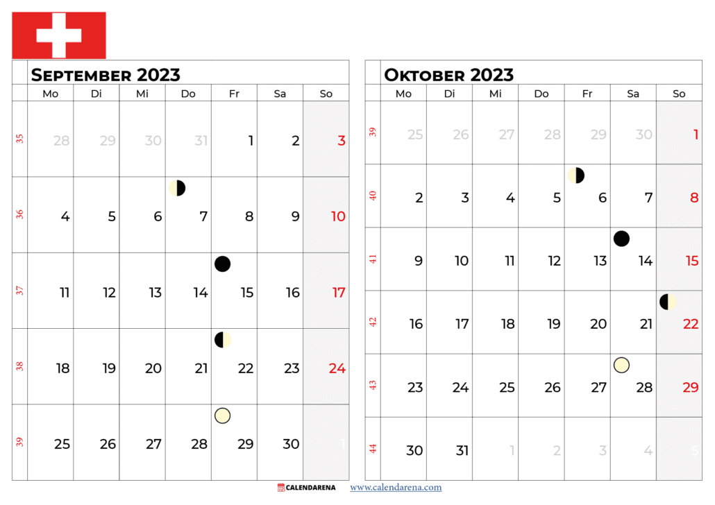 kalender september oktober 2023 Schweiz