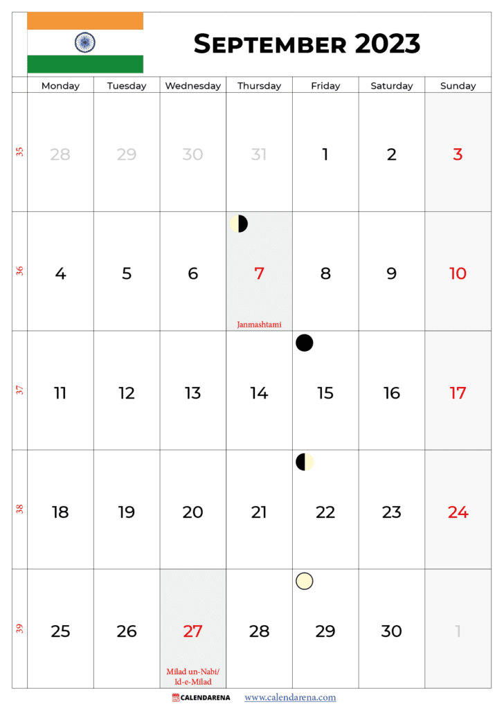 september 2023 calendar with holidays india