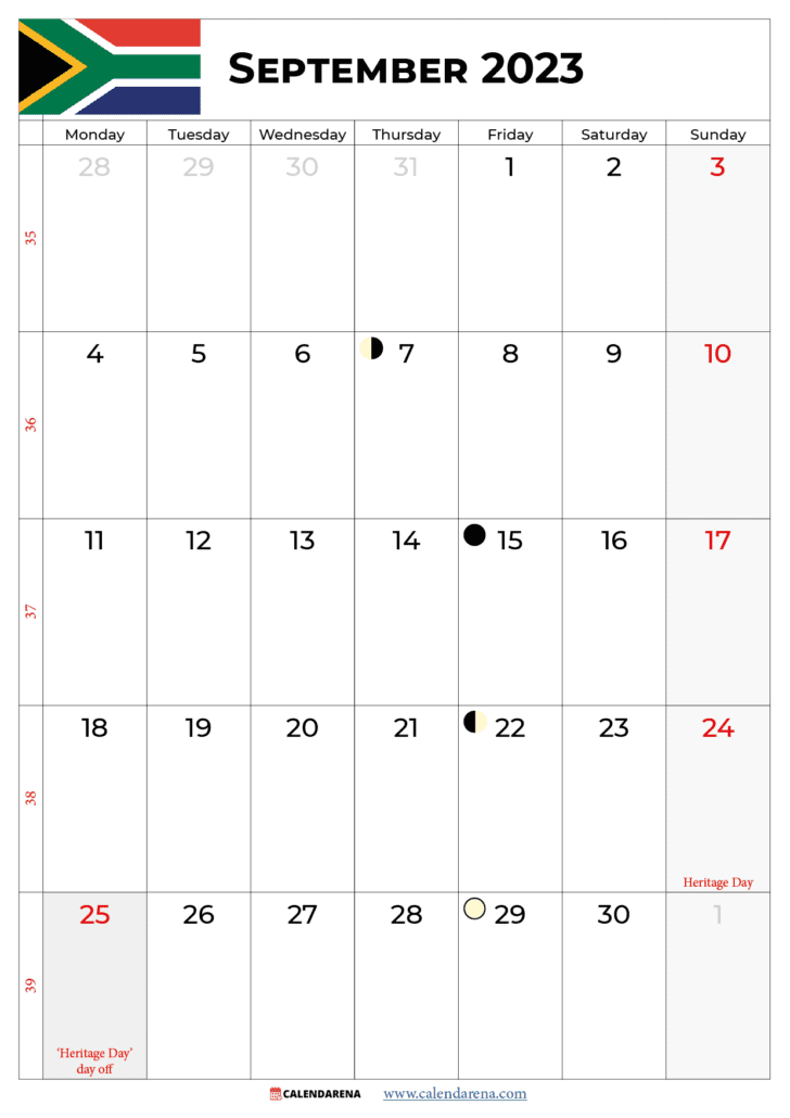 september 2023 calendar with holidays south africa