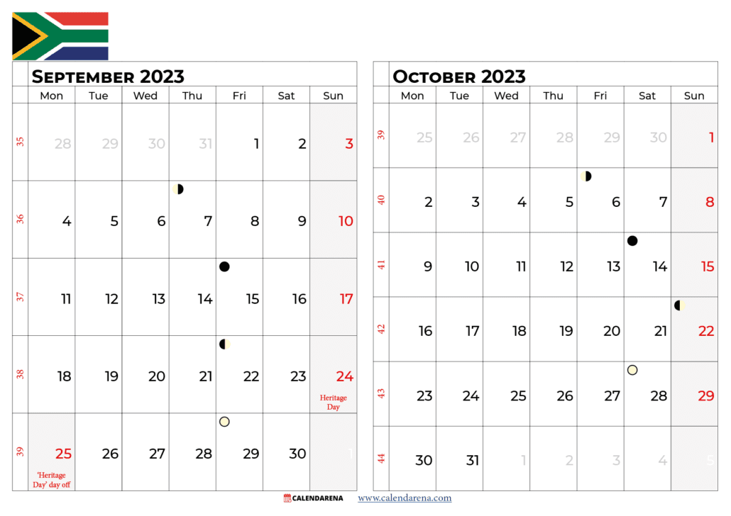 september october 2023 calendar south africa
