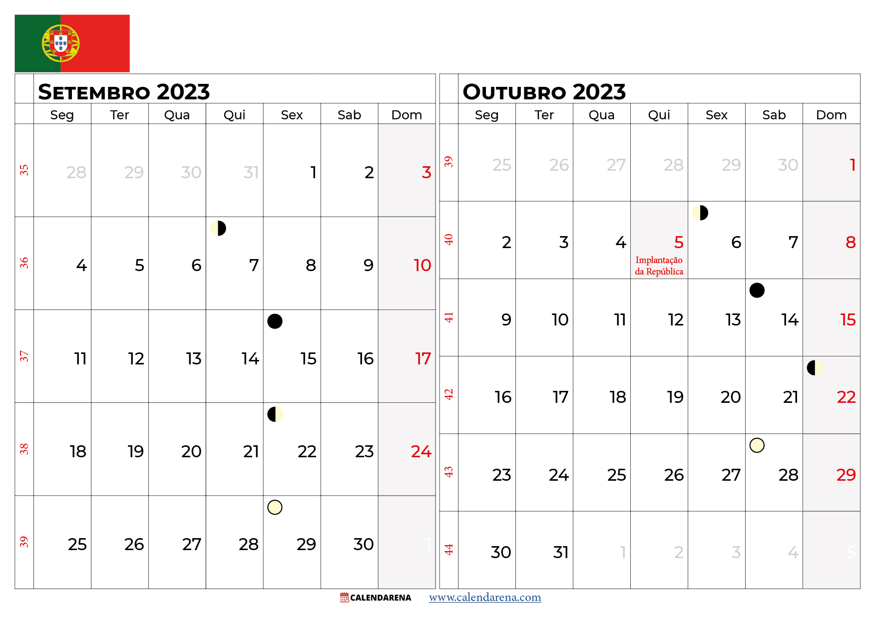 calendário Setembro Outubro 2023 portugal