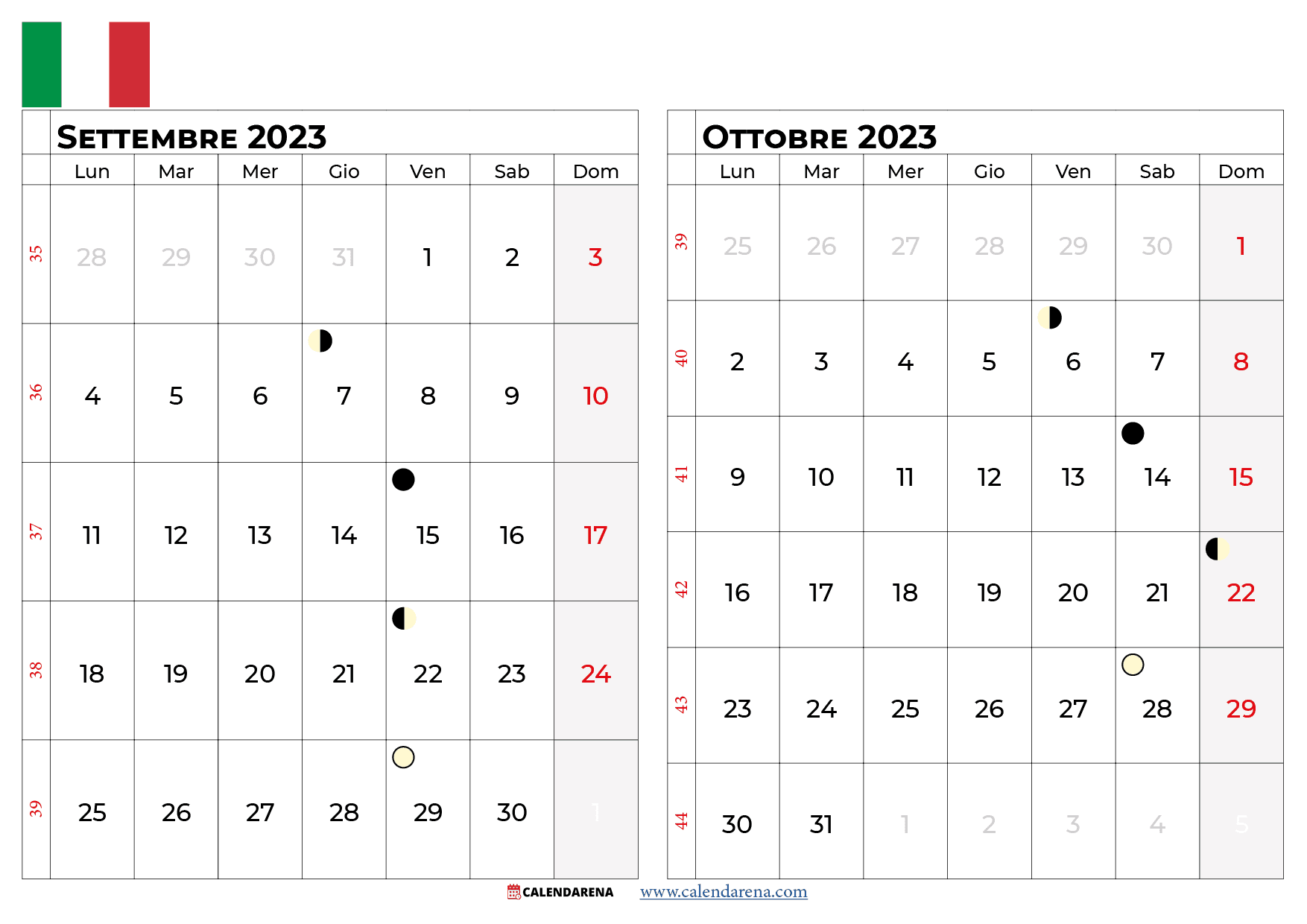 calendario settembre ottobre 2023