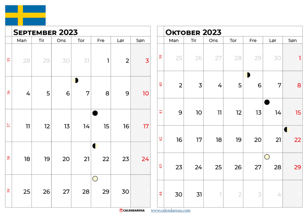 kalender September oktober 2023 Sverige