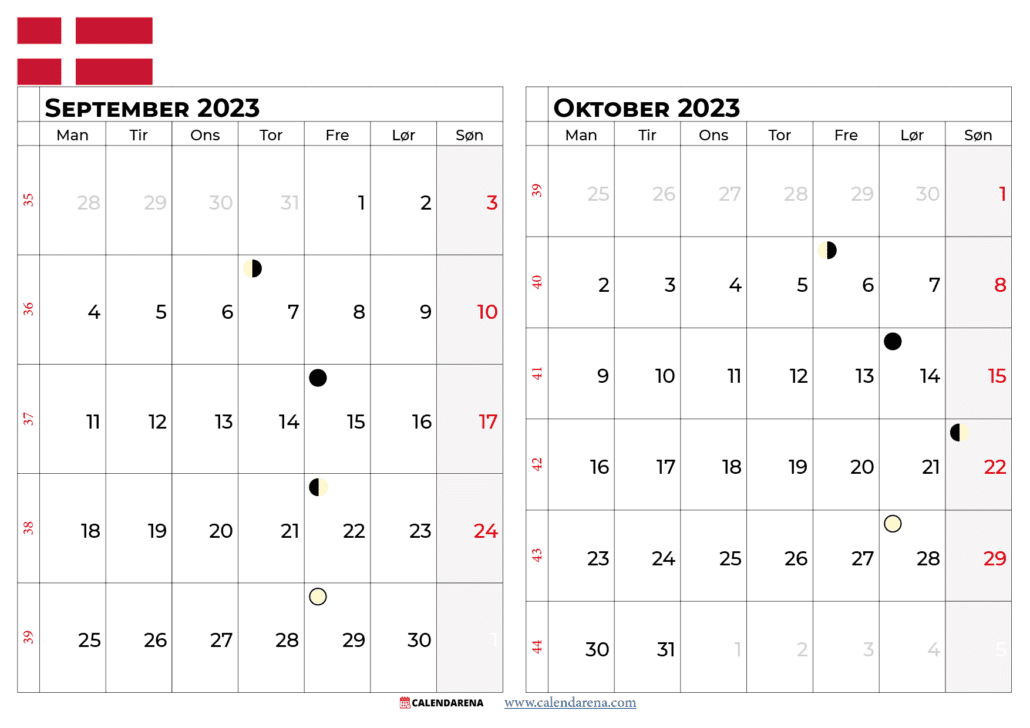 kalender september oktober 2023 Danmark
