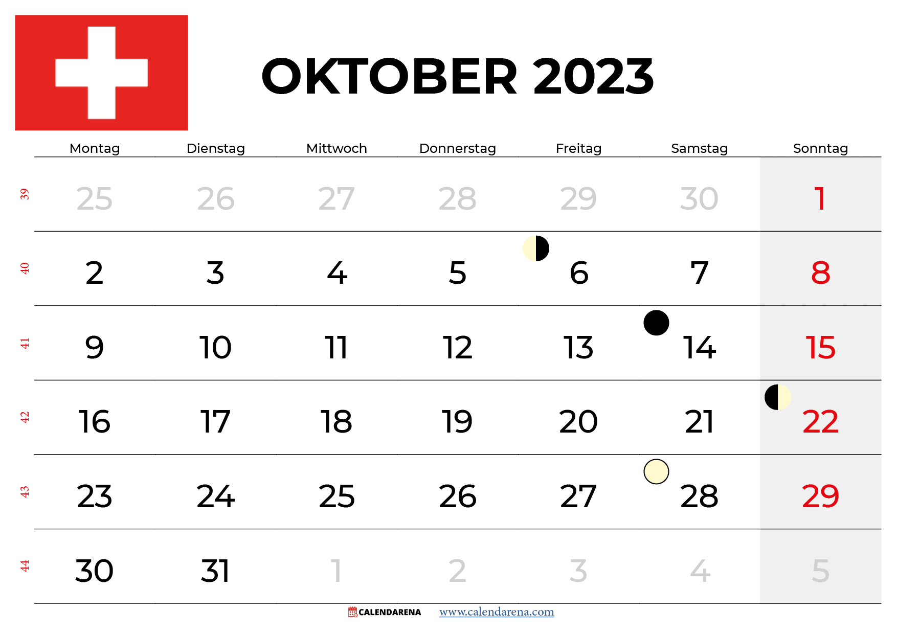 Oktober 2023 kalender Schweiz