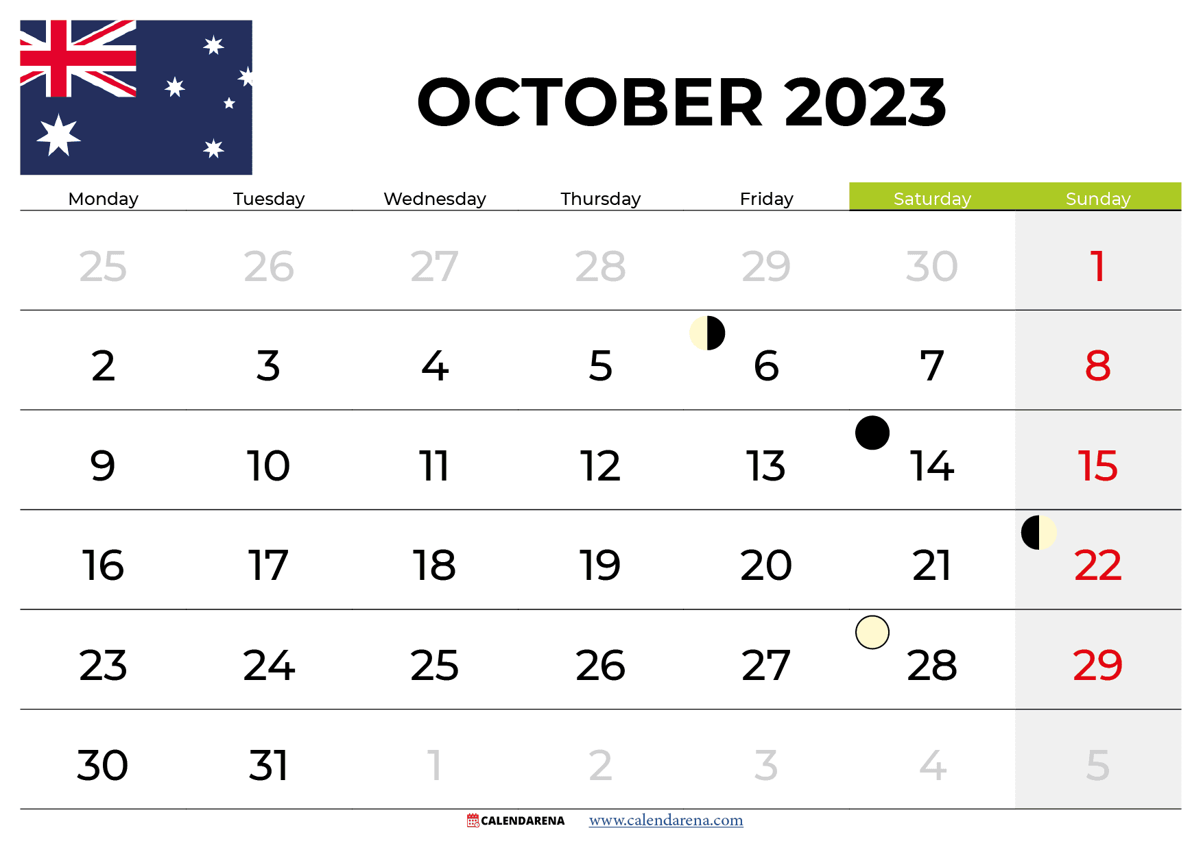 free printable calendar october 2023 australia