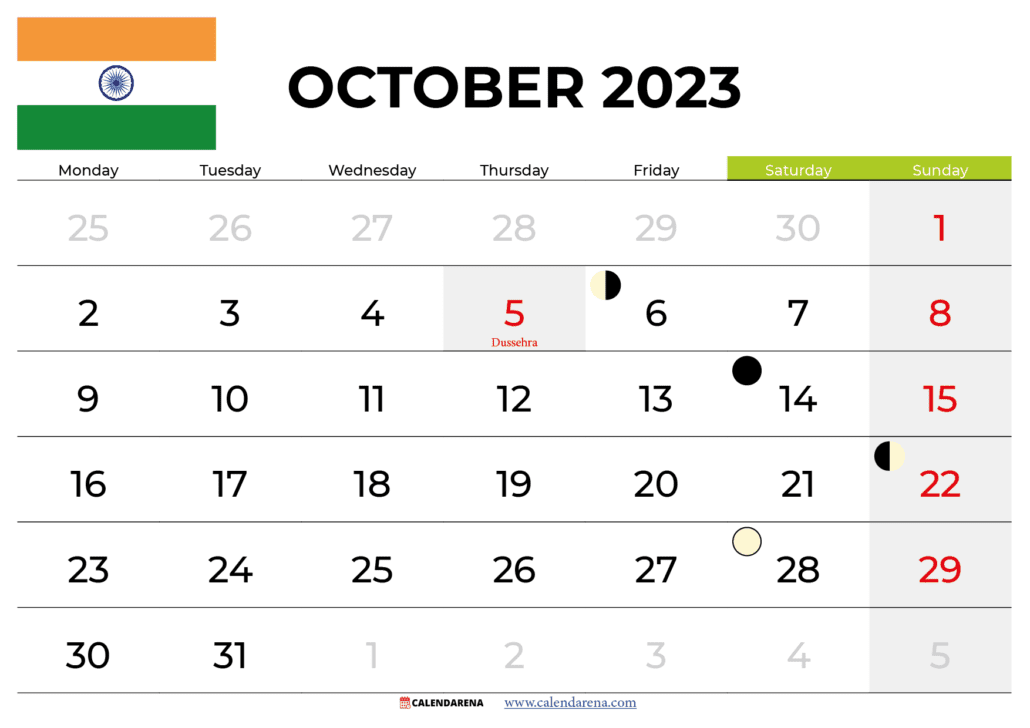 free printable calendar october 2023 india