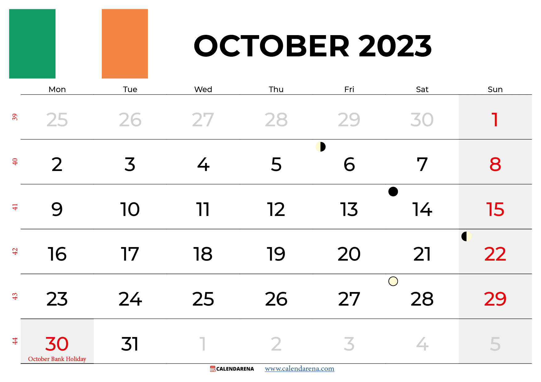 free printable calendar october 2023 ireland