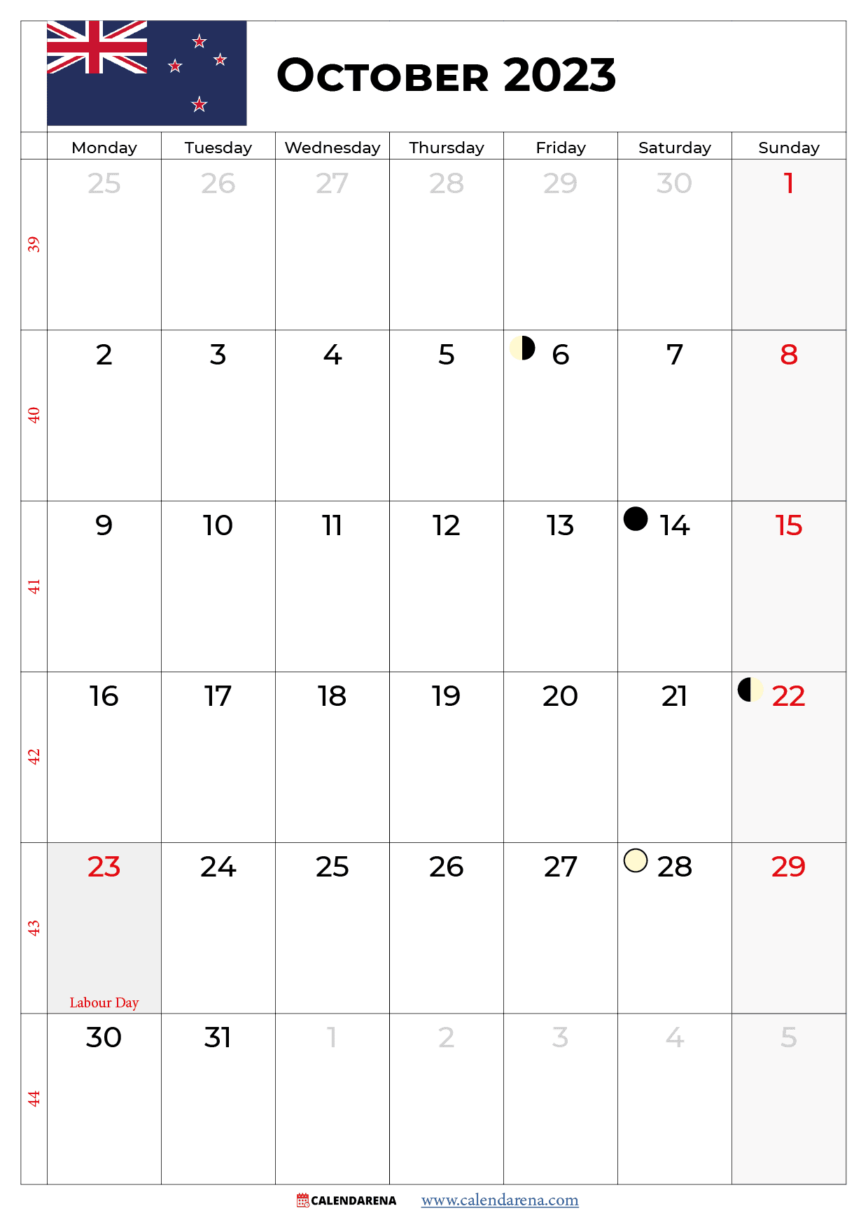 october 2023 calendar with holidays NZ