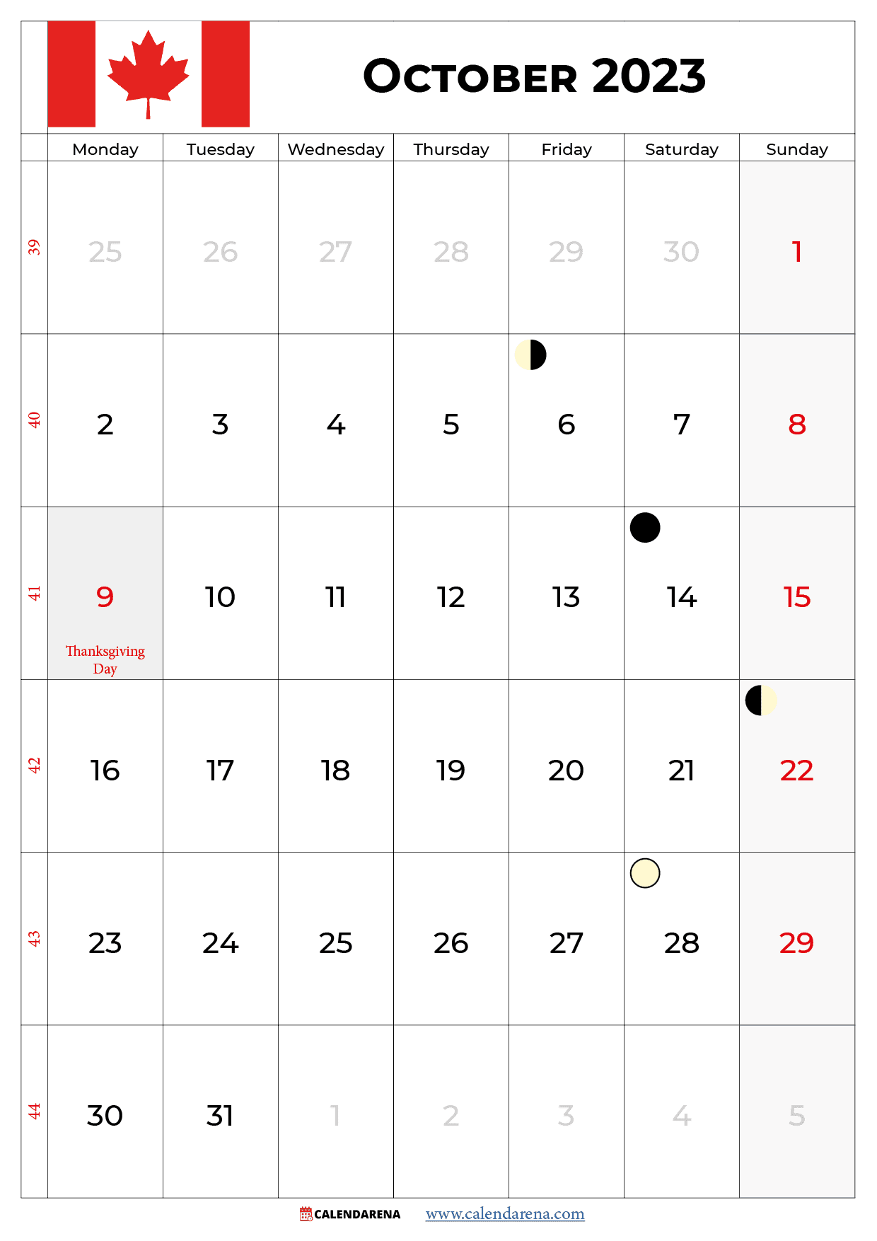 october 2023 calendar with holidays canada