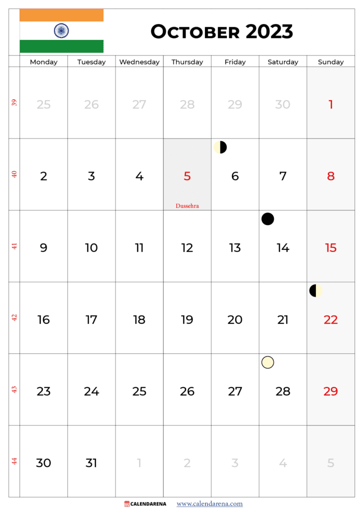 october 2023 calendar with holidays india