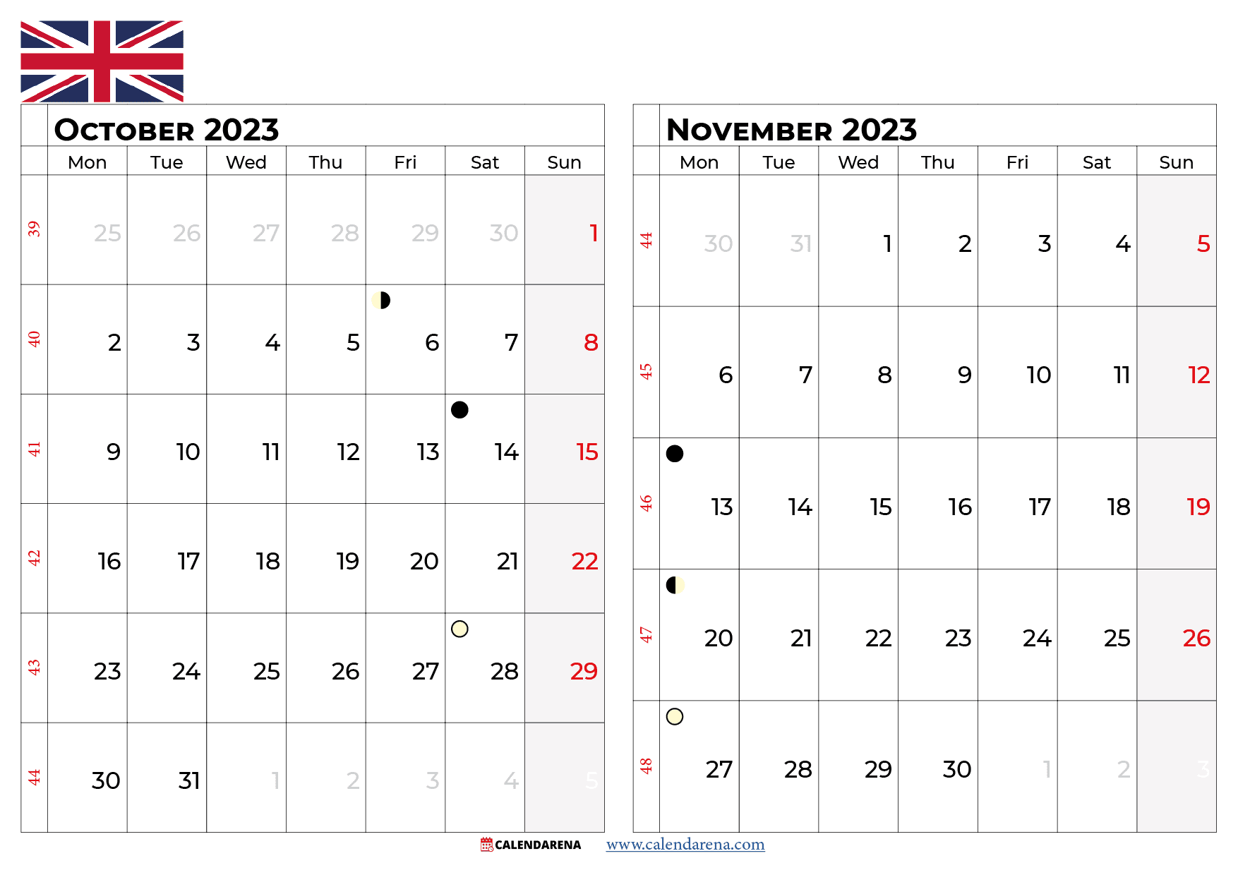 october november 2023 calendar UK