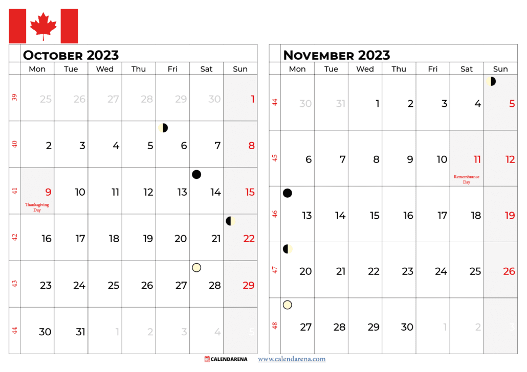 october november 2023 calendar canada