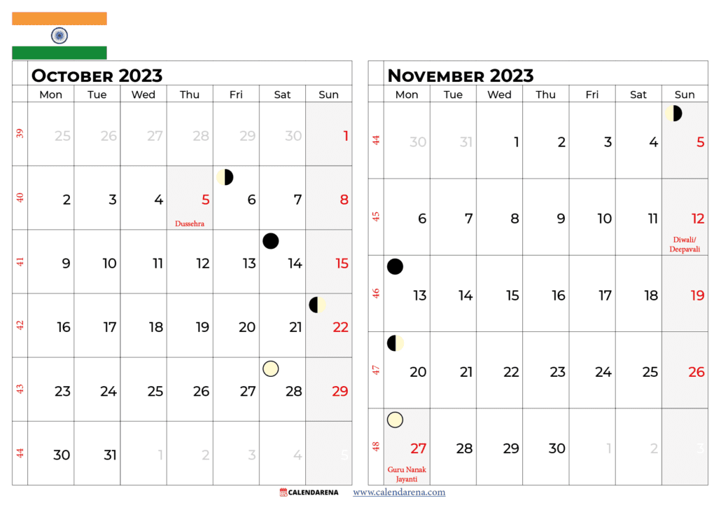 october november 2023 calendar india