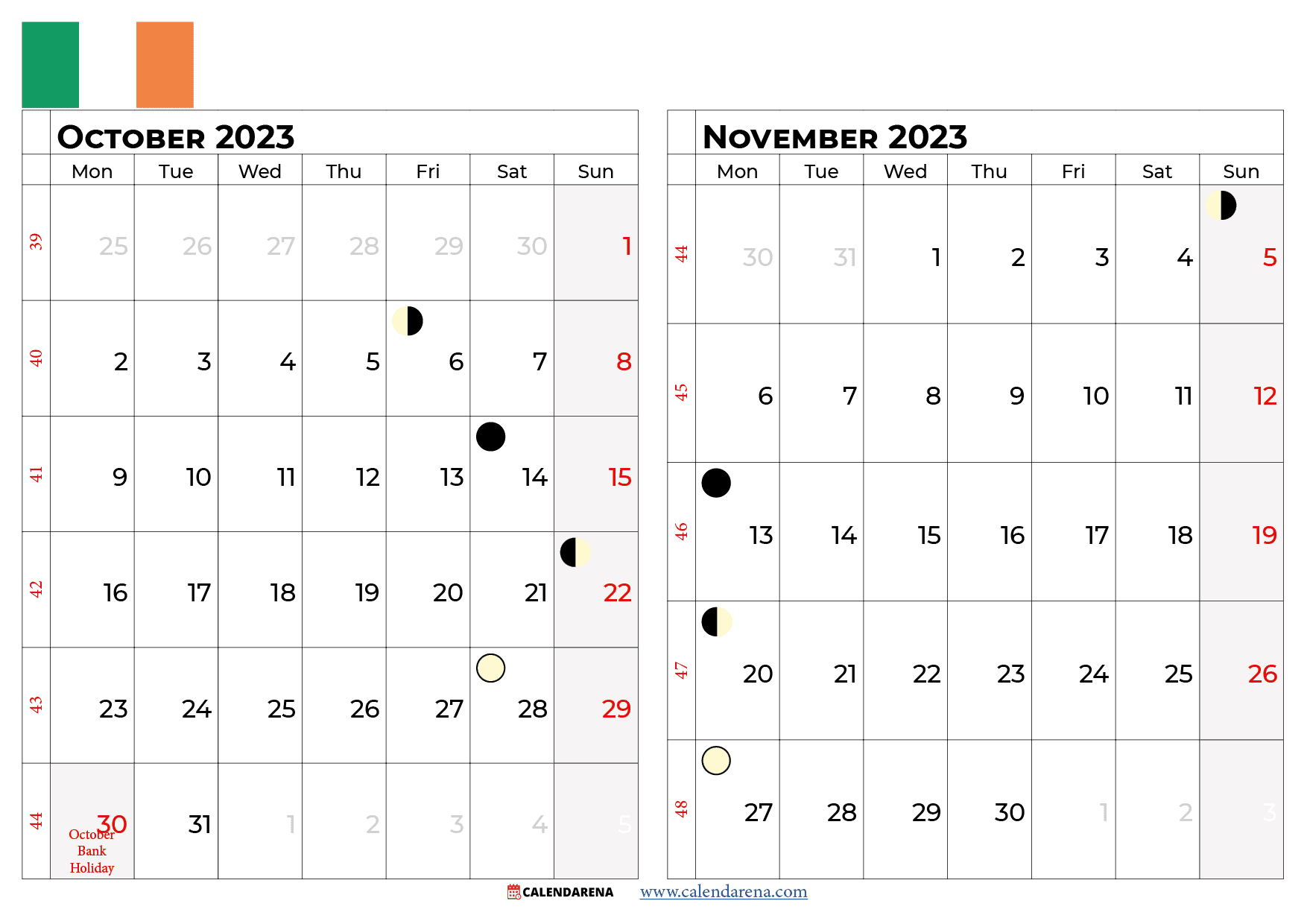 october november 2023 calendar ireland