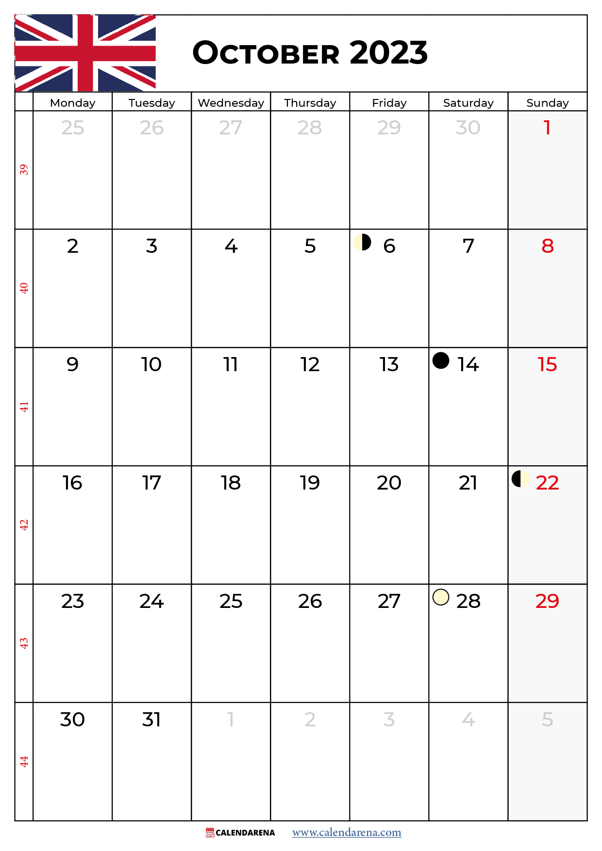 printable october 2023 calendar UK