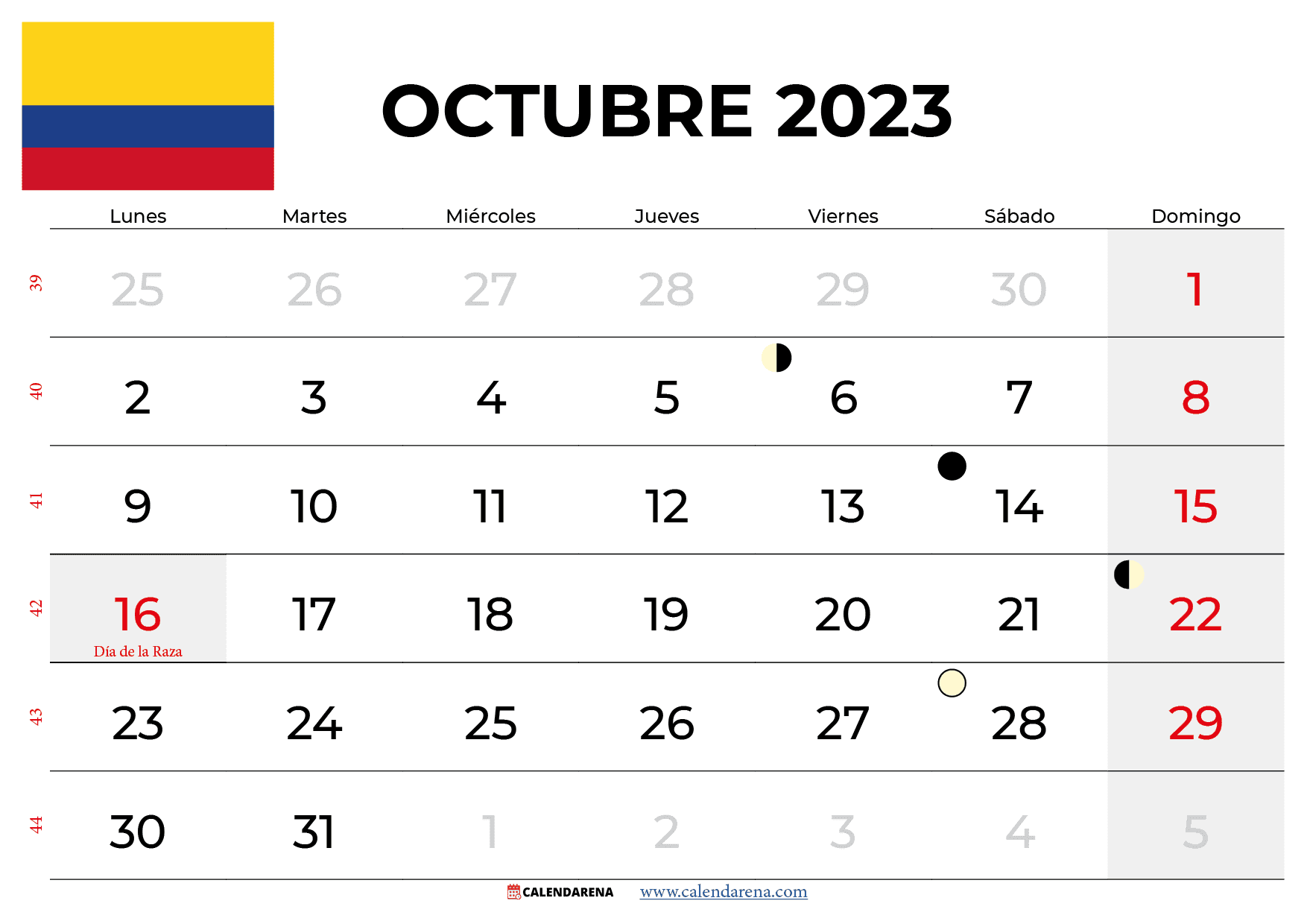 calendario Octubre 2023 colombia