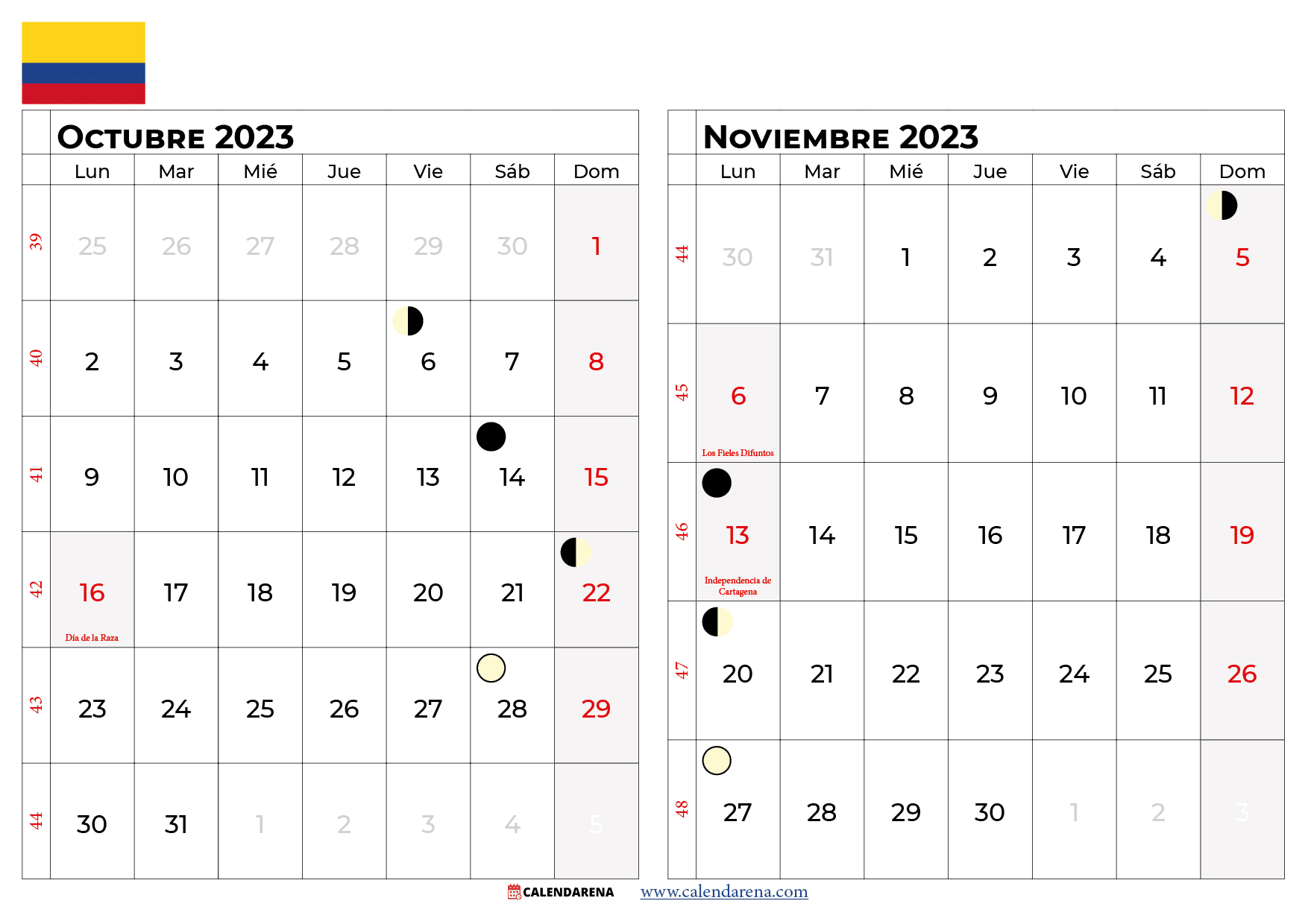 calendario Octubre Noviembre 2023 colombia