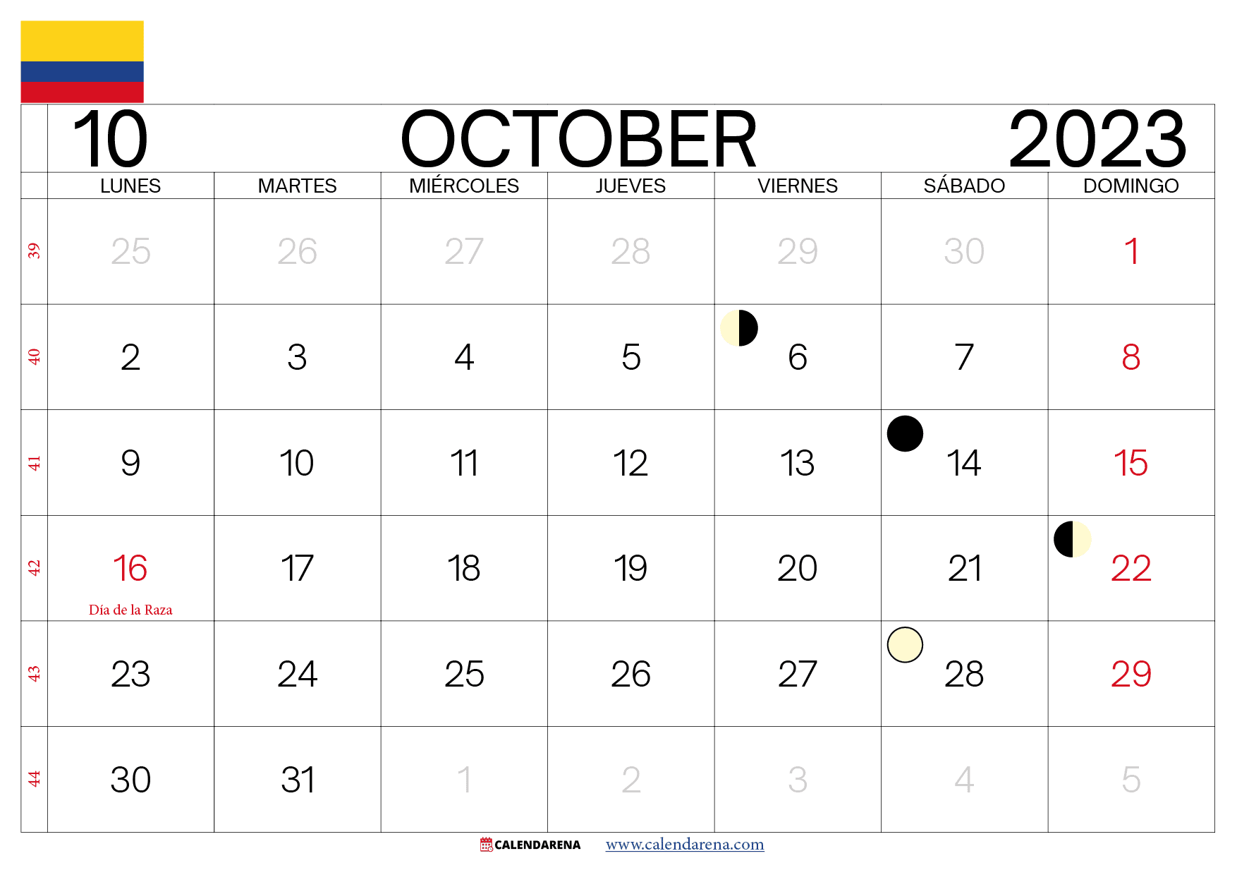 calendario mes de Octubre 2023 colombia