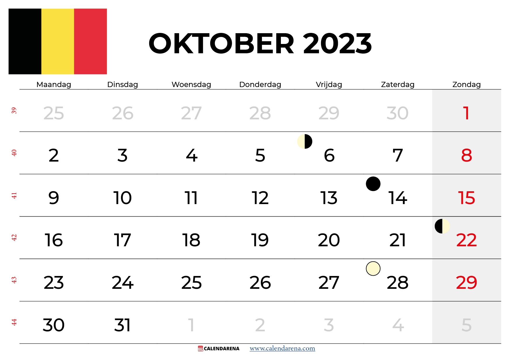 kalender Oktober 2023 belgië